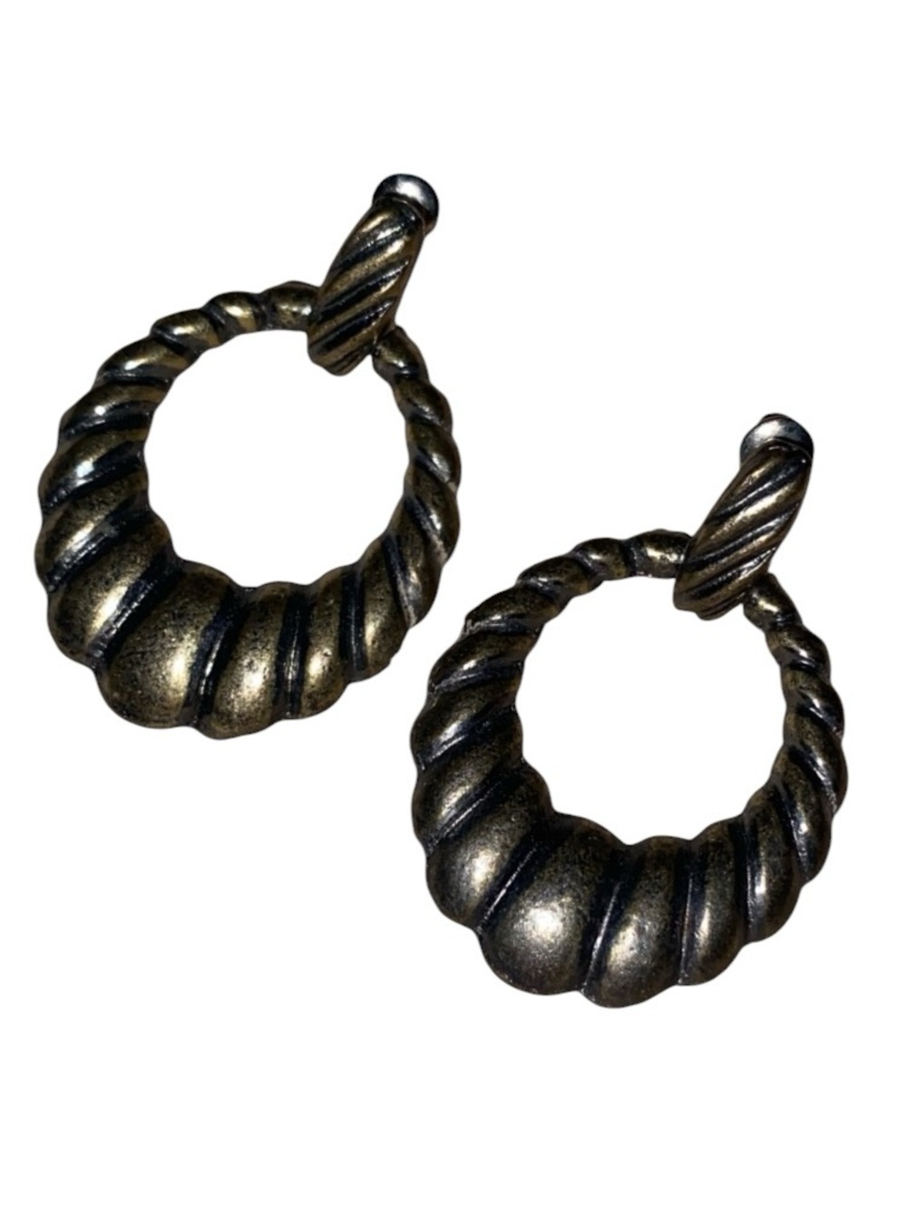 VINTAGE 80s Chunky Metal Twisted/Ribbed Hoop Front Hoop Earrings Antique Gold*